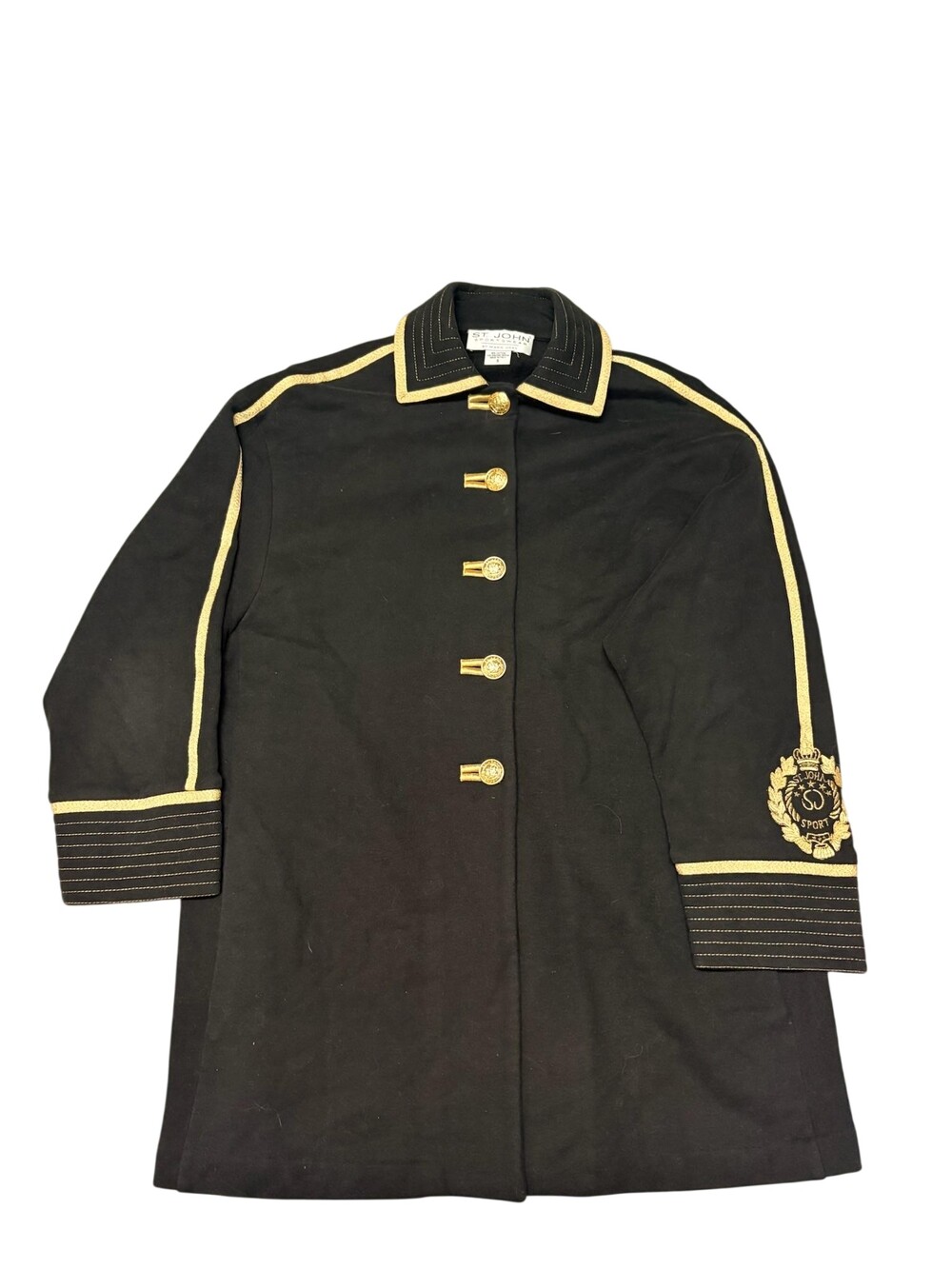Vintage St John Military Jacket Womens S Black Knit Gold Trim Crest Embroidered